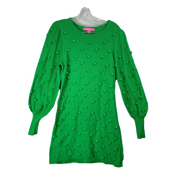 Lilly Pulitzer Women Small Sweater Kippa Dress Green Knit Pom Pom Puff Sleeve - Picture 2 of 7
